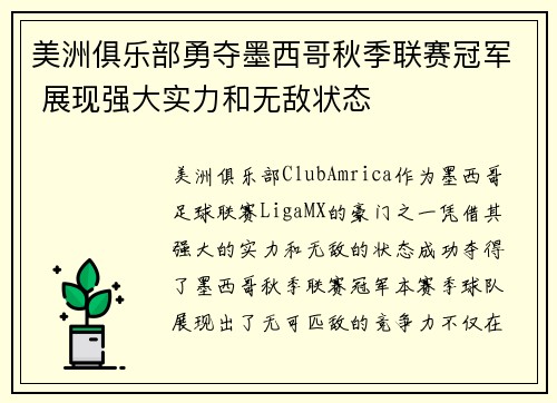 美洲俱乐部勇夺墨西哥秋季联赛冠军 展现强大实力和无敌状态
