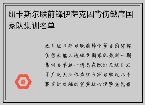 纽卡斯尔联前锋伊萨克因背伤缺席国家队集训名单
